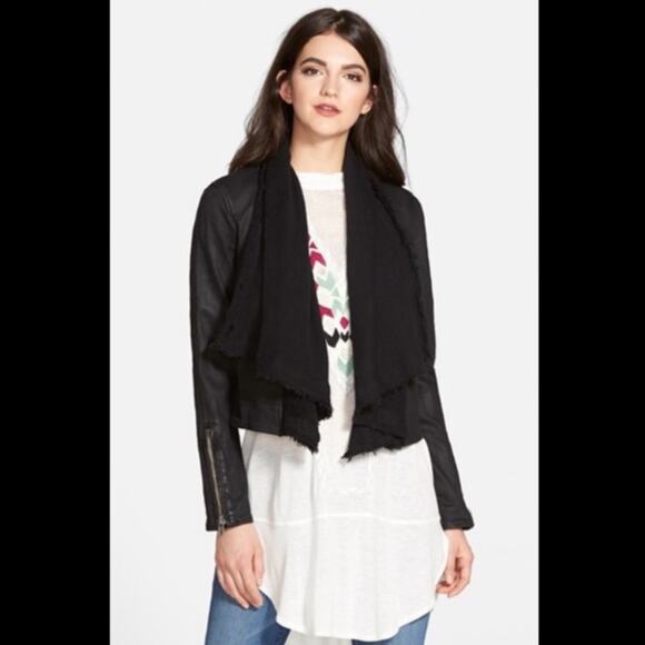 Free People Draped Front Black Cotton Witchy Gothic Moto Jacket Size 2 - Picture 2 of 10
